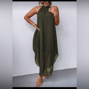 SHEIN Olive Green Halter Midi Dress